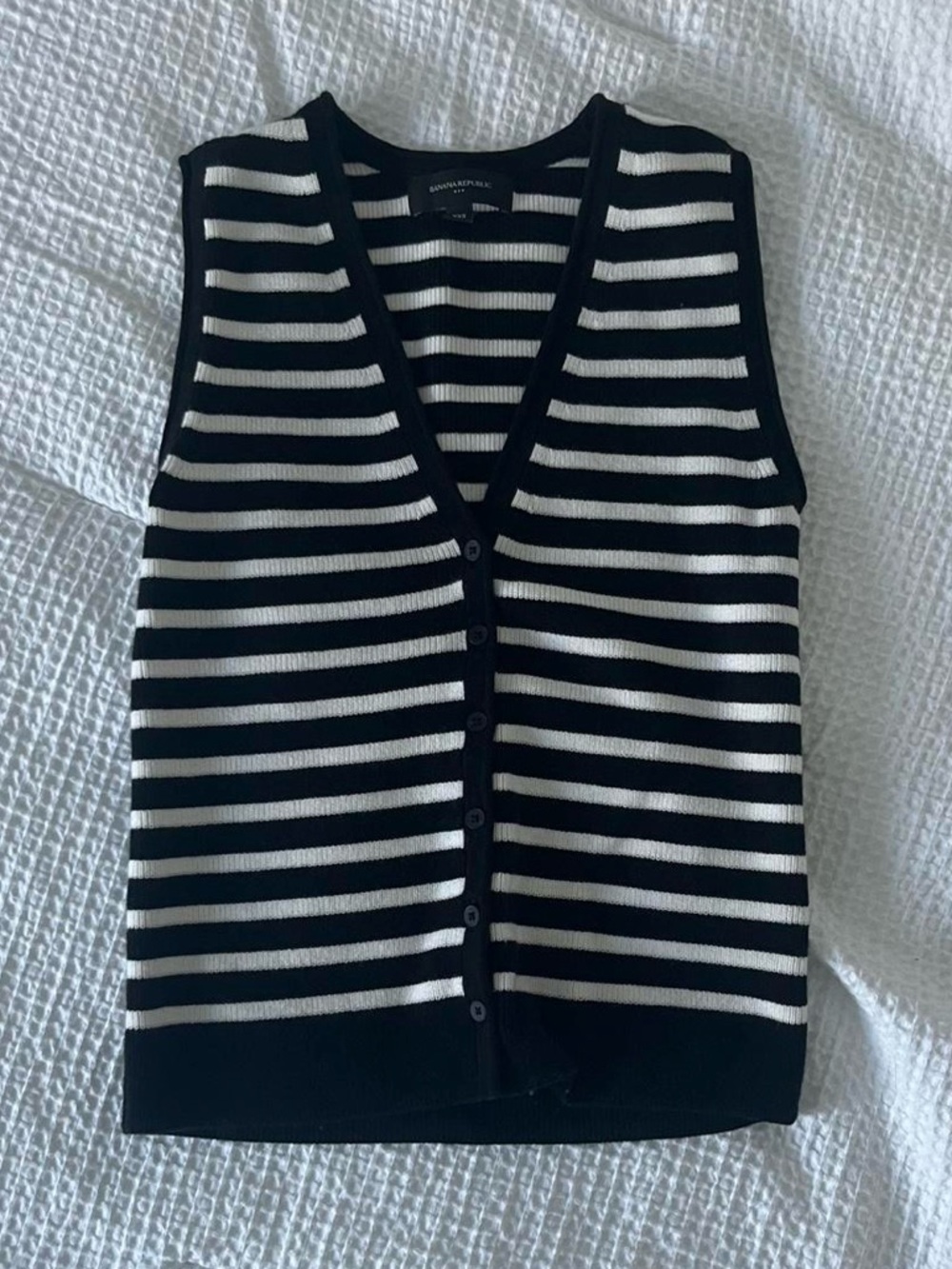 Banana Republic Black and White Striped V-Neck Sweater Vest
